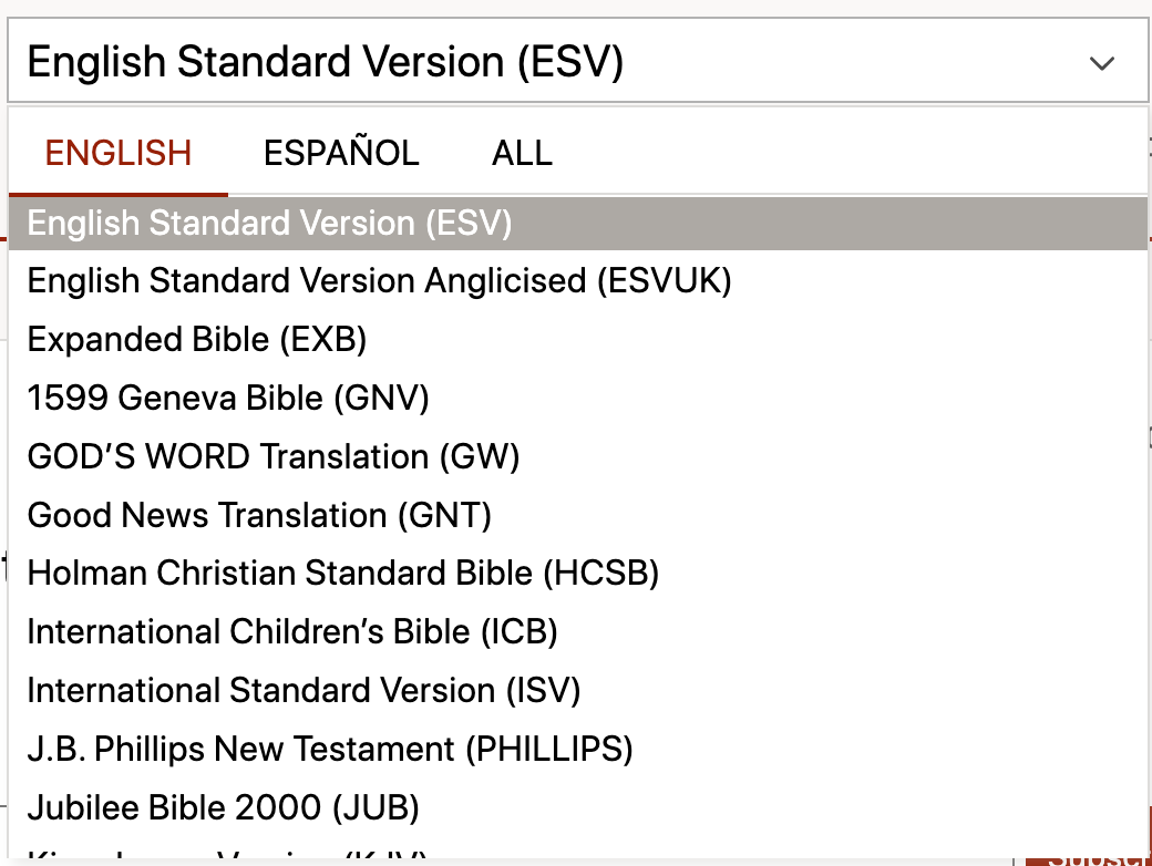 bible translation list from Biblegateway.com